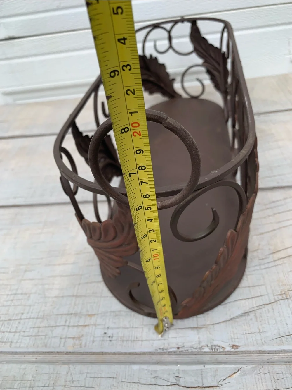 Vtg Wrought Iron Oval Planter Basket Metal Leaves Scrollwork Handle Caddy 19”